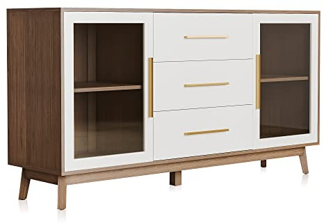 BELLEZE Sideboard Buffet, 152,4 cm Konsolentisch mit 3 Schubladen und 2 Glastüren, Akzent-Aufbewahrungsschrank für Küche, Wohnzimmer, Esszimmer, Flur, Weiß