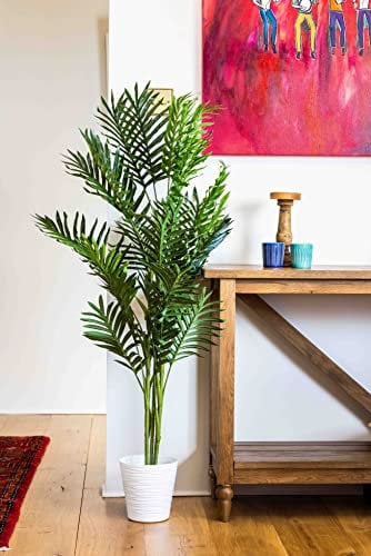 Tradala 4’ Lush Artificial Tree in White Pot - Palm 120cm / 3ft 11 Tall with Real Wood Trunk - For Home Living Room Indoors