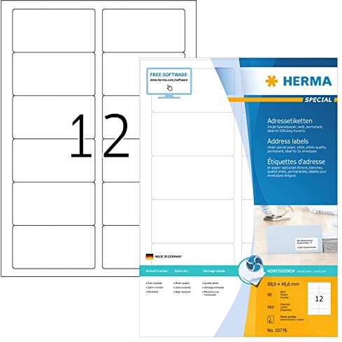 HERMA 10776 Adressetiketten für Inkjet Drucker, 80 Blatt, 88,9 x 46,6 mm, 12 pro A4 Bogen, 960 Stück, selbstklebend, bedruckbar, matt, blanko Adressaufkleber Etiketten für Tintenstrahldrucker, weiß