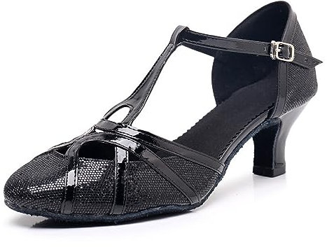 Rosefinch Damen Latein T-Strap Tanzschuhe Geschlossene Zehen Mode Salsa Tango Cha-Cha Ballsaal Performence Tanzschuhe Hochzeit Abend Party Schwarz 5cm Absatz 40 EU