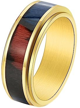 Ayoiow Edelstahlringe Unisex 8MM Gold Ehering Herren Set Holz Muster Spinner