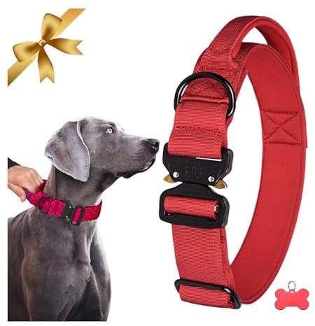 Vivi Bear Taktisch Hundehalsband Verstellbar mit Kontrollgriff, Nylon Halsband Hund Neopren Gepolstert, Schwere Ausführung Schnellverschluss-Metallschnalle Hundehalsband für Große Hunde, Rot, L