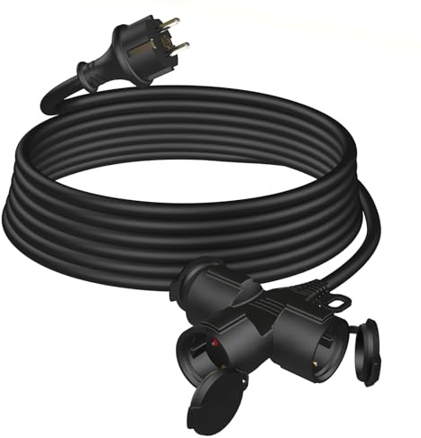Verlängerungskabel Outdoor 15m mit 3 Schuko-Steckdosen, Gummi Verlängerung 3500W mit Schutzkappe für den Außenbereich IP44, Stromkabel H05RR-F 3G1,5mm² mit 3-Fach Verteiler, 16A/250V, Schwarz