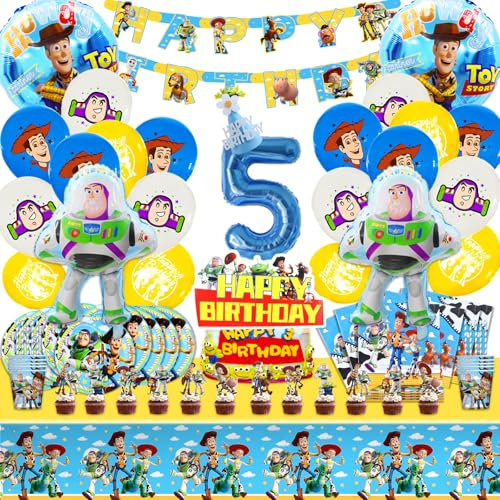101Teiliges 5 jahre Geburtstag Deko Set, 5 jahre Partygeschirr Set Luftballons, 5 jahre Dekoration Geburtstag Luftballons, Banner Tischdecke Teller Kuchendeckel etc Jungen und Mädchen Party Supplies