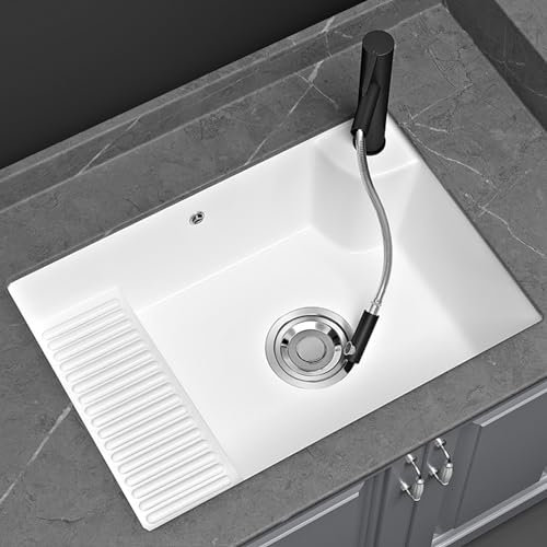 Lavandino rettangolare in ceramica bianca,vasca lavanderia con asse per lavare,lavello della lavatrice,Viene fornito con rubinetto, set di scarico, viti di montaggio, adatto per balconi, bagni ( Size