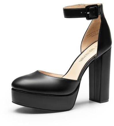 DREAM PAIRS Women's Platform High Chunky Heels Closed Toe Block Ankle Strap Dress Buckle Round Toe Wedding Party Comfortable Pumps Shoes,Size 6,Black-Pu,SDPU2419W