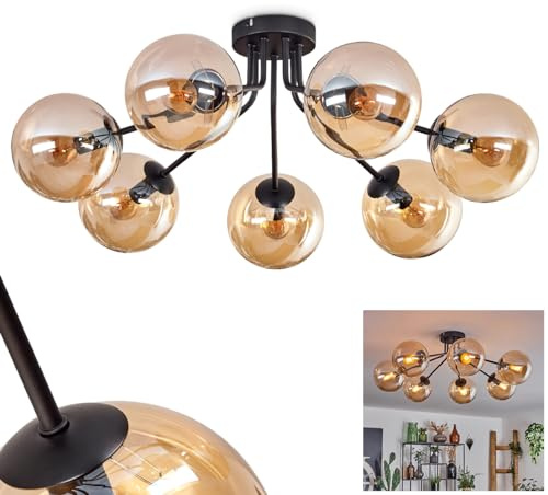 HOFSTEIN Deckenleuchte Gastor, Deckenlampe aus Metall/Glas in Schwarz/Bernsteinfarben, moderne Leuchte im Retro/Vintage-Design (Ø Schirme 15 cm), 7 x E14, Schlafzimmer, Wohnzimmer, Küche, Esszimmer