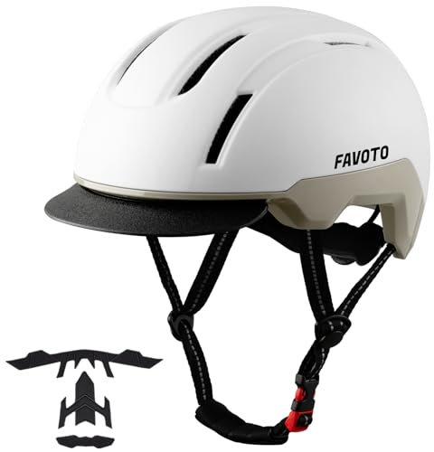 Favoto Casque de Vélo Urbain avec Visière - Technologie Double Inmould Casque de Scooter Léger pour Adultes Certifié CE L 59-61cm Réglable Blanc Kaki