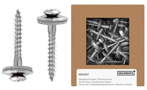 HELPMATE Vis de ferblantier 4,5x35mm, 50 pièces, DIN 7995, acier inoxydable A2, T20, vis de couvreur, tête bombée, avec rondelle plate et rondelle d'étanchéité EPDM, argent, 4,5 x 35 mm