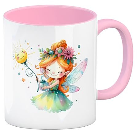 Magische bunte Fee Kaffeebecher in rosa Gutgelaunt Den Tag Beginnen Fröhliche Tasse Morgenmomente mit Heiterem Zauberwesen Munter Mystisch Kaffee Genießen