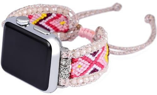 Retro Boho Braided Nylon Band Compatible with Apple Watch 42mm 44mm 45mm, Friendship Bracelet Handmade Woven Bohemian Beaded Western Dressy Strap for iWatch Series10/9/8/SE/Ultra/7/6/5/4/3/2/1 (Sakura
