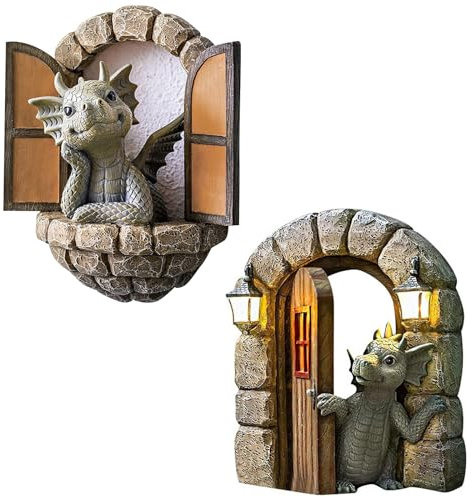 Lumeclat Set de 2 esculturas de dragones para jardín y balcón - Figura decorativa de resina, Dragón de la puerta, adorno para pared y árbol, dragón meditando, ideal para terraza, patio y exteriores