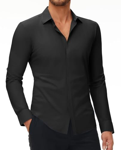 DEMEANOR Stretch Dress Shirts for Men Long Sleeve Mens Dress Shirts Muscle fit Mens Casual Non Iron Shirts Formal Slim fit Shirts for Men
