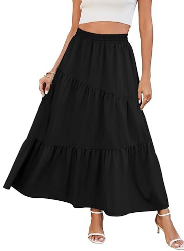Timuspo Damen Long Skirt mit Taschen Elastic Waistband Hippie Rock Rüschensaum Sommerrock Einfarbig Schwarz Lang A-Line Röcke Faltenrock Strandrock Freizeitrock S