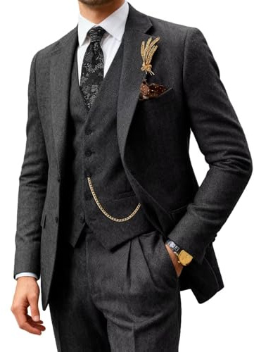 Abito Classico da Uomo, vestibilità Regolare, 3 Pezzi, Giacca in Lana Tweed a Spina di Pesce, Smoking, sposi da Sposa, Blazer, Pantaloni per Matrimonio, Grigio, S