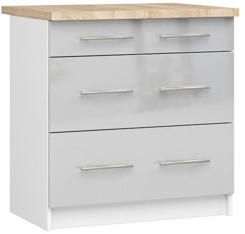 AKORD | Küchenschrank mit Arbeitsplatte - Oliwia S80 | Küchenunterschrank mit 3 Schubladen | Unterschrank Küche 80 cm Breit | ABS-Kante 18 mm | 46 x 80 x 85 cm | Weiß & Metallic-Glanz
