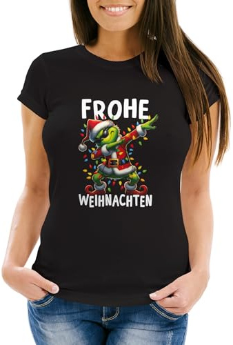 MoonWorks® Weihnachtsshirt Damen T-Shirt Frohe Weihnachten Lustig Grinch Dab Weihnachtsoutfit Frauen Schwarz L