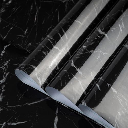 TOTIO 32x157in Ultra-wide Black Marble Vinyl Wrap Dark Granite Effect Vinyl Self Adhesive Wallpaper Glossy Thicken Countertop Contact Paper Peel and Stick Waterproof Oil-Proof Kitchen Worktop Covering