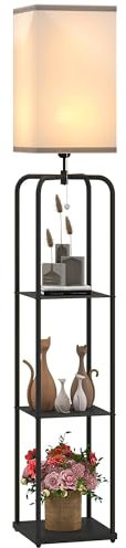 HOMCOM Lampadaire sur pied salon, lampe salon moderne, lampadaire avec étagères, abat-jour en tissu, interrupteur à chaînette pour chambre à coucher, bureau, ampoule non incluse, noir