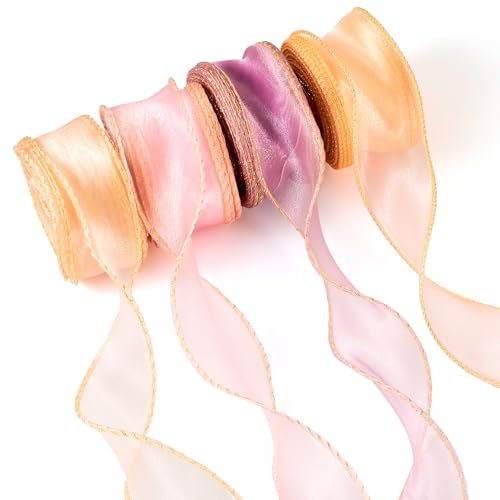 Crafans 4 Rollen schimmerndes schillerndes Organzaband, 40 mm breit, glitzernde Organzabänder, durchscheinende Chiffonbänder, orangefarbene Polyesterbänder für Blumensträuße, Dekorationen,