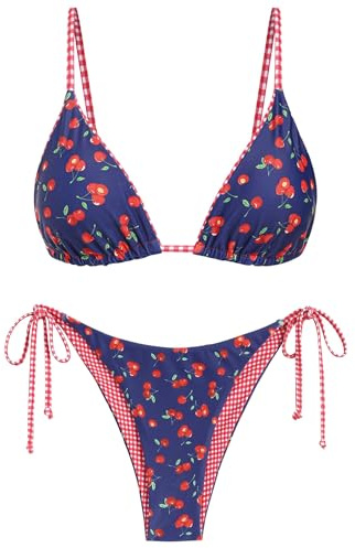 ZAFUL Triangle Dreieck-Bikini mit verstellbaren Bändern & Blumenmuster – Wendbares 2-teiliges Bikini-Set für Damen | Gepolsterter BH, Sexy Tie-Side Design (2-Königsblau,S)