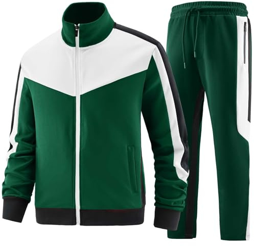 ANOTWENER Men's Training Suit Sets Casual Jogging Suit Two-Piece Fitness Sports Suit Long Sleeve Full Zipper Leisure Suit, green/white, M