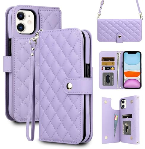 Coolden for iPhone 11 Case Wallet with Card Holder [4 Card Slots] Shoulder Strap for Women PU Leather Flip Magnetic Clasp Heavy Duty Protective Shockproof Cases Cover for iPhone 11 Phone Case-Purple