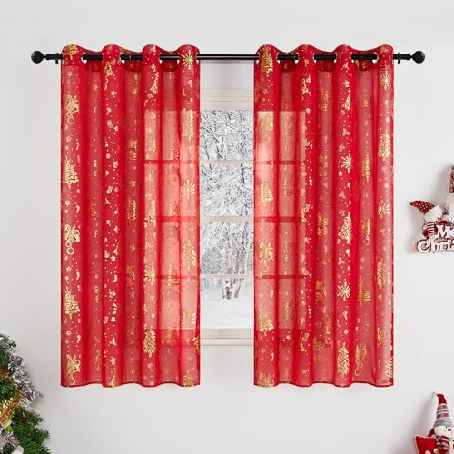 KGORGE Rote Gardinen Weihnachten Kurz Schlafzimmer 2er Set H 145 x B 140 cm Weihnachtsvorhang Fenster Vorhang mit Ösen Weihnachts Vorhänge Transparent Weihnachtsbaum Gardine Weihnachtsmotiv