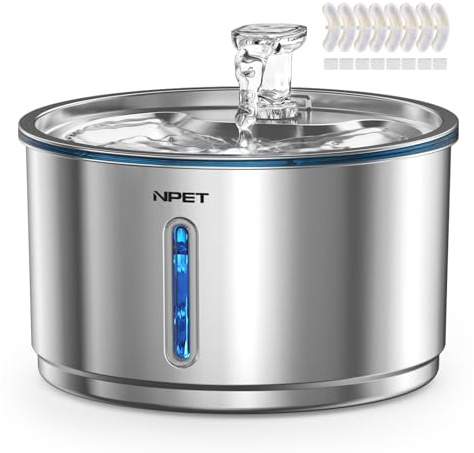 NPET Stainless Steel Cat Fountain, 1Gallon/4L Automatic Pet Drinking Fountain Dog Water Dispenser with 8 Replacement Filters for Cats Indoor