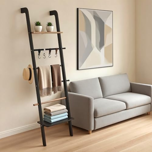 Fuairmee Holzleiter mit Regal für Dekor, 6-stöckige Dekorleiter mit rutschfester Matte & Haken, Bauernhausstil, Anlehnender Wand-Displayhalter, Schwarz