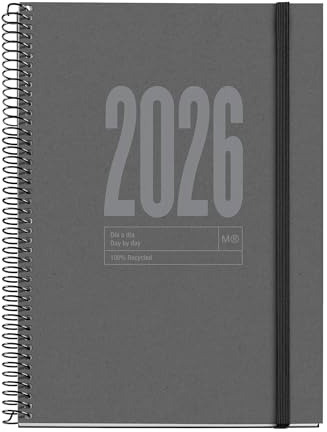 Miquelrius Nachhaltiger Tagesplaner 2026, ähnlich A5+ (155 x 213 mm), Tagesplaner, Einband aus recyceltem Karton, 100 g/m² Recyclingpapier, Gummiverschluss, ES-EN-PT, Graphit