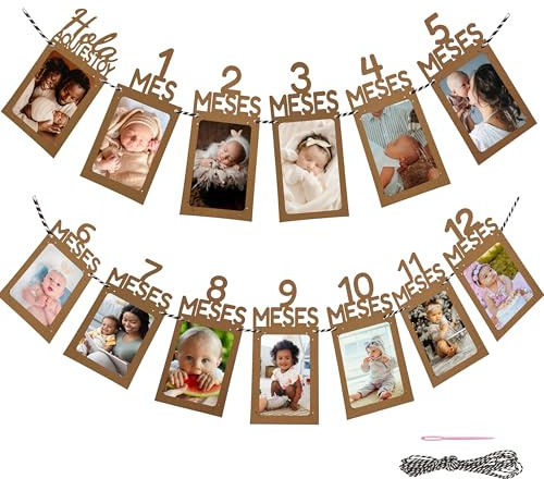 Guirnalda de Fotos Primer Año -✮Garantía de por Vida✮- Banner con Banderines para Primer Cumpleaños Bebé - 12 Tarjetas de Papel para Fotos, Cuerda y Aguja - Decoraciones Fiesta (España, Universal)