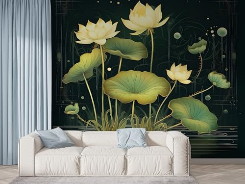 Lotus Oriental Flower Wall Mural, Self Adhesive Wallpaper Peel and Stick, Botanical Water Lily Home Decor Photo Wallpaper, Silk Cloth Wall Sticker for Living Room & Bedroom, 450x315 cm - F-510