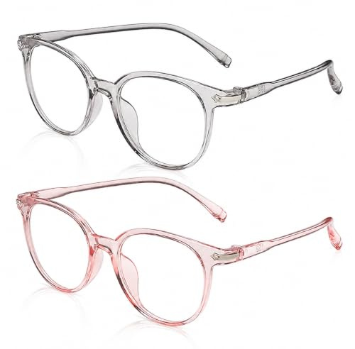 HYMC 2PCS Kids Glasses, Blue Light Blocking Clear Lens Glasses for Computer, Tablet & Gaming Use, Lightweight Flexible Frames for Boys & Girls (pink,grey)