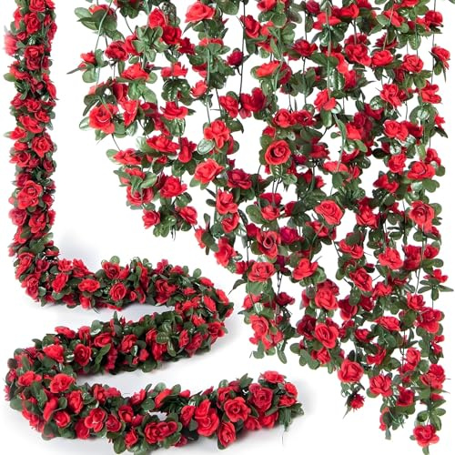 3 Pcs 8FT Flower Garland Artificial Hanging Flowers Fake Rose Vines Ivy Silk Faux Flowers for Decoration/Anniversary/Wedding Birthday/Christmas/Home Decor/Garden Decor (Red)