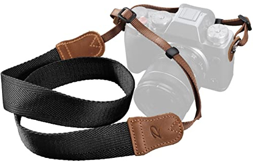 Padwa Lifestyle Black Camera Strap - Double Layer Crazy Horse Cowhide Head,1.5 Wide Pure Cotton Woven Camera Straps,Adjustable Neck Shoulder Strap for All DSLR Cameras,Great Gift for Photographers