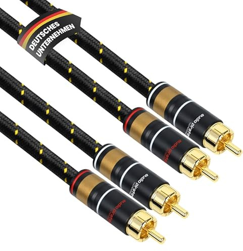 audio pirates by cammica 2x2 Cinchkabel (1m) Oberklasse | OFC Kupfer, 4-fach Abschirmung, vergoldete Metallstecker, 7,5mm Ø, Nylon-Ummantelung, Klett-Kabelbinder, Schmuckverpackung