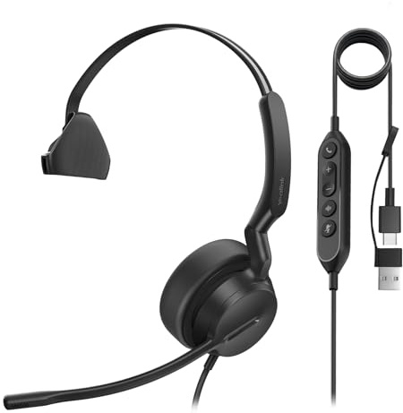 Yealink UH44 Wired USB Headset,Teams Certified,Noise-Canceling Mic,USB-C/A | single-ear headset with mic for PC laptop,inline controls,busy light,comfortable,home office call center