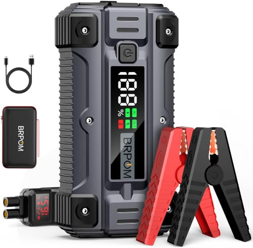 BRPOM Starthilfe Powerbank für PKW 9000A Autobatterie Booster für alle Fahrzeuge & 12.0L Diesel mit LED-Taschenlampe, Großdisplay & Springkabel – Ideal für SUV, Motorräder, Rasenmäher