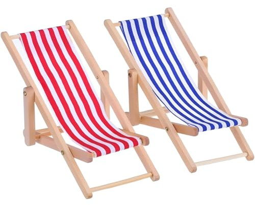Miniatur Strand Stuhl, 2 Stück Hölzerner Mini Deko Liegestuhl | Puppenliegestuhl | Strandstuhl | Handyhalter | Miniliegestuhl | Klappstuhl, Blau-weißer Stoffsitz, ca.11x5cm