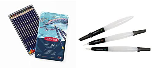Derwent Inktense - Set de 12 Crayons de Couleurs Aquarellables Permanents & Lot de 3 Pinceaux Waterbrush pour Peinture Aquarelle, Embouts Biseauté, Fin et Moyen Inclus, Qualité Professionnelle