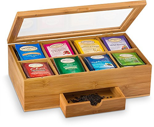 Premium Bamboo Tea Box Organizer - Wood Tea Chest with Slide-Out Drawer & Acrylic Glass, Magnet Lid Keeps Teabag Fresh - Countertop & Cabinet Storage Organization - Great Gift Idea