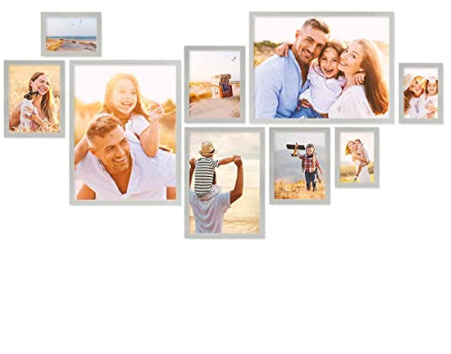 PHOTOLINI Juego de 9 marcos plata madera MDF, marcos para pósteres, cristal acrílico, para colgar, incluye accesorios - para fotos, láminas y pósteres