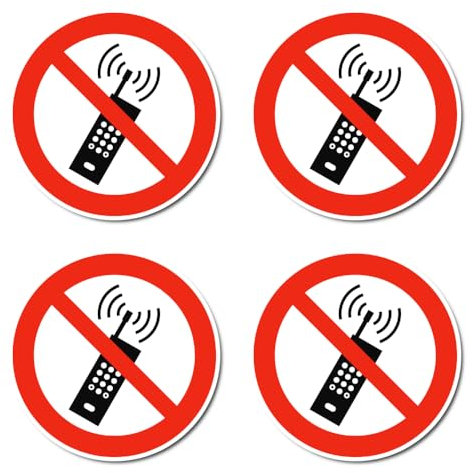 Eingeschaltete Mobiltelefone verboten, Verbotszeichen: P013 - DIN EN ISO 7010 / ASR A1.3 - Aufkleber: Ø 7.5 cm, 4 Stück