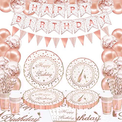 120 Pack Rose Gold Party Supplies Rose Gold & White Party Decorations Girls Birthday Decorations Dinnerware Set Rose Gold Birthday Plates, Cups, Napkins, Birthday Banner, Tablecloth Serves 20