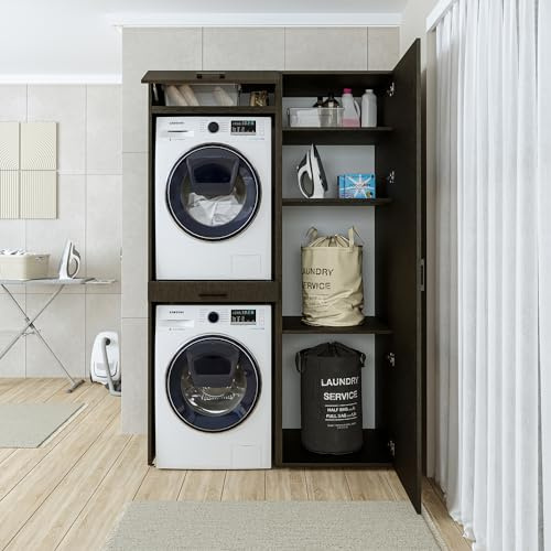 ROOMART, Armoire murale séchoir sur machine à laver, 127 cm de large, tour de lavage, étagère pour machine à laver (3 étagères, chêne noir)