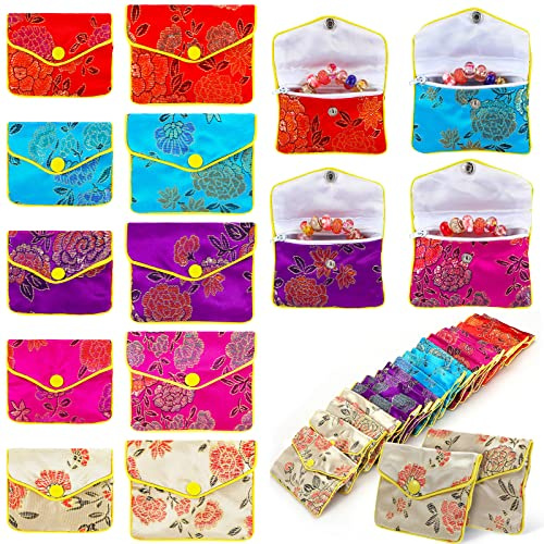 Bucherry 90 Pcs Jewelry Silk Purse Brocade Gift Pouch with Zipper Chinese Silk Style Jewelry Pouch for Women Girls Necklaces Earrings Bracelets Coin Wedding Birthday Party Favors, Small & Medium
