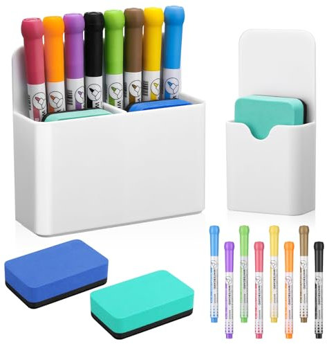 Vyuwast 12 Stück Whiteboard Zubehör, 2 Stifthalter Magnetisch mit 2 Stück Whiteboard Schwamm 8 Whiteboards Marker,Magnetischer Stifthalter für Schule,Büro,Whiteboard,Kühlschrank(Weiß)