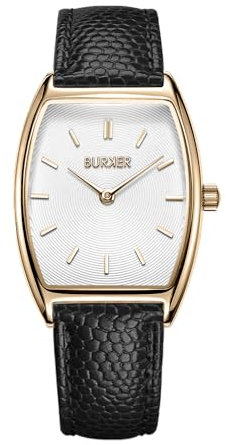 BURKER Damenuhr Grace, Oval Damen Armbanduhr Lederarmband Edelstahl Analog Quarz 3-ATM Wasserdicht - 25 mm - Gold Schwarz Leder
