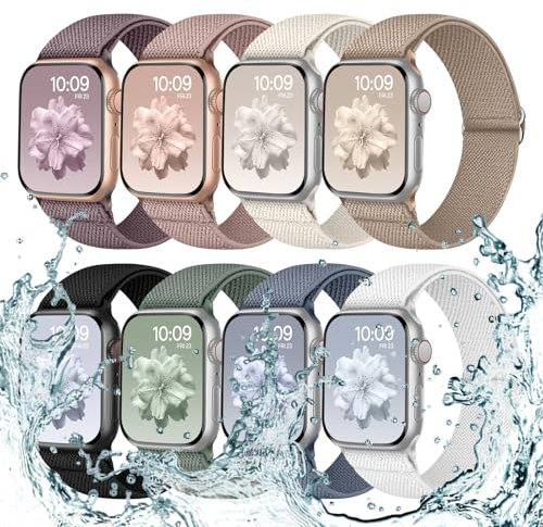Nimblistic 8 Pack Elastisch Armband Kompatibel mit Apple Watch Armband 42mm 41mm 40mm 46mm 45mm 44mm 38mm, Schmutzabweisend Stoff Nylon Band für Apple Watch 10 9 8 7 6 5 4 3 SE